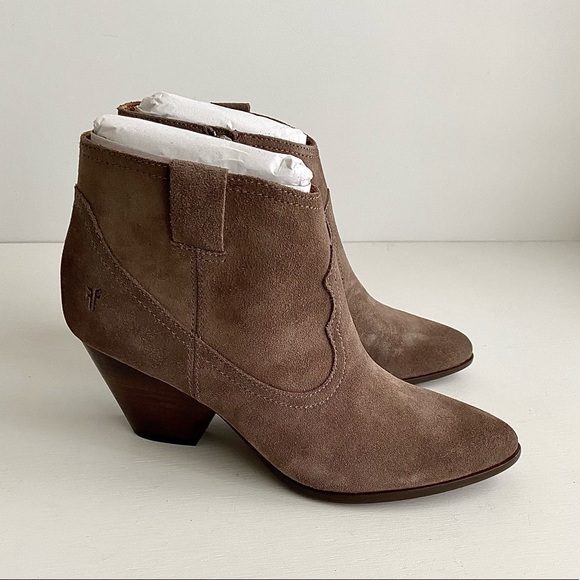 ✨New FRYE Reina Suede Heeled Booties Taupe - Picture 2 of 10